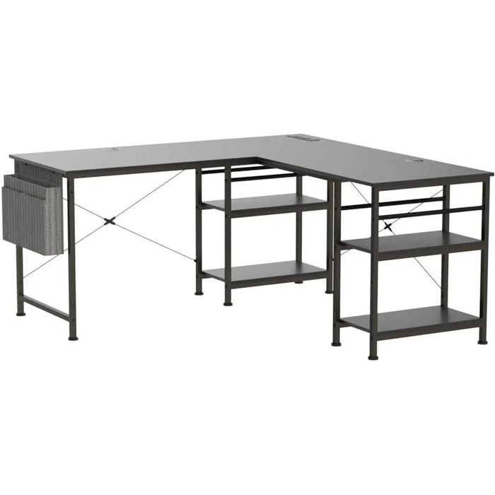 Ігровий кутовий стіл L-подібної форми з LED-підсвічуванням та розетками, 140x140 см, реверсивний комп'ютерний стіл з підставкою для монітора, 4 полиці та бічні кишені для дому та офісу (Чорний, 140x140x74 см)