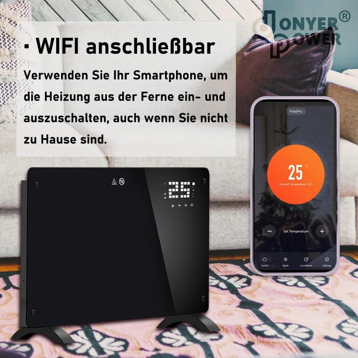 Конвектор DONYER POWER 2500W з Wi-Fi, чорний, з таймером та пультом, скло, для дому