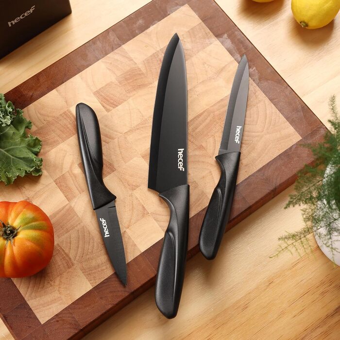 Набір кухонних ножів Hecef 15 предметів з бруском, чорний, з антипригарним покриттям, можна мити в посудомийній машині, самозаточуваний брусок, ергономічні ручки, кухонний набір ножів для початківців та кулінарів-ентузіастів