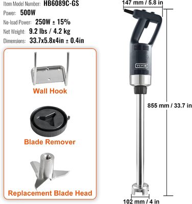 Електричний ручний блендер VEVOR 500 Вт, високопродуктивний ручний блендер з регулюванням 4000-18000 об/хв, багатоцільовий ручний блендер з нержавіючої сталі 855 мм Знімний стрижень для перемішування, включаючи настінний гачок і запасну головку леза 500 В