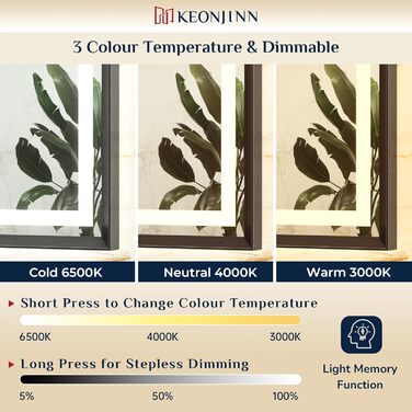 Дзеркало для ванної кімнати Keonjinn з підсвічуванням, металевий каркас 50x70 см, антизапар, LED, сенсорне керування, 3 кольори світла, диммування, пам'ять, настінне дзеркало (Чорний, 60 x 100 см)