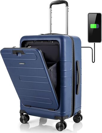 Ручна поклажа COSTWAY 20 з відкидною стільницею, дорожня валіза 38 л з передньою кишенею, відділення для ноутбука, USB-порт і обертові колеса, жорсткий чохол для ПК із замком TSA для ділових поїздок (синій)