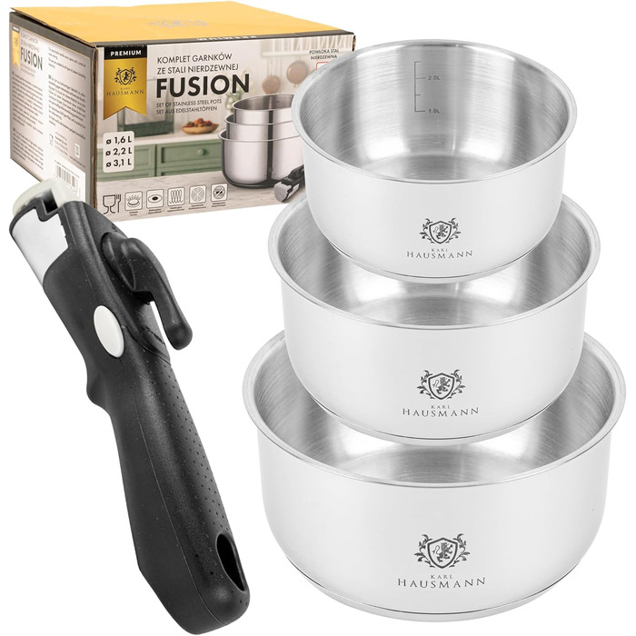 Набір каструль з знімними ручками (3 шт.) - нержавіюча сталь з покриттям - для всіх типів плит