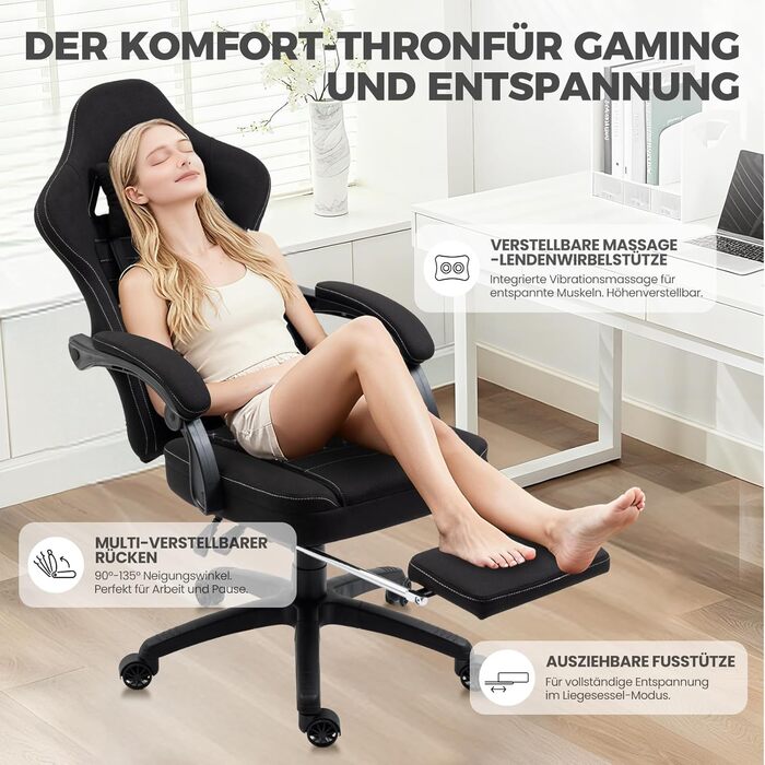 Ігровий крісло Dowinx з тканиною та пружинним блоком, з масажем, підголівником та підніжкою (Чорний)