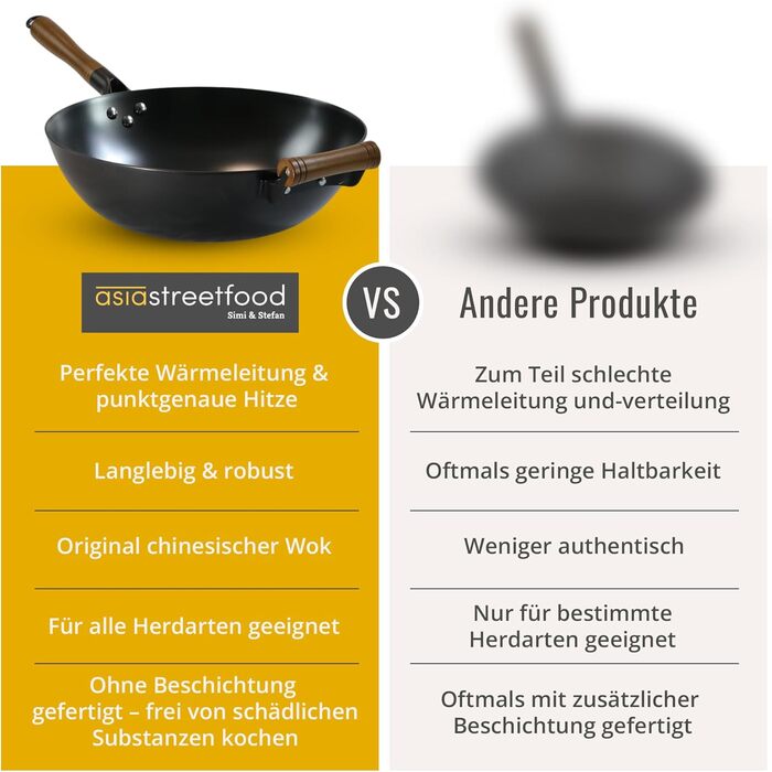 Азіатський вок Ø 33 см - міцний вуглецевий сталевий вок з плоским дном, дерев'яний ручка, підходить для газових, індукційних плит та керамічних поверхонь - не потребує обпалювання для приготування азіатських страв