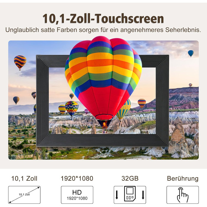 Цифровий фоторамка Frameo WLAN, 10.1 дюйми, LCD сенсорний екран 1280x800, 32GB, автоматичне обертання, підключення Wi-Fi, сумісний з додатком Frameo