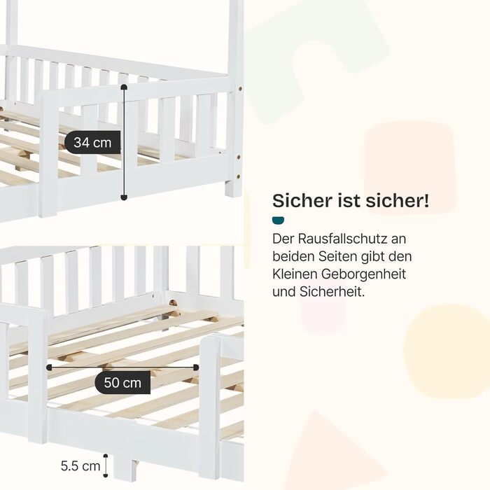 Дитяче ліжко en.casa Treviolo з матрацом 70x140 см, будиночок, дерево, Montessori, з бар'єром, ламелі, сосна, білий