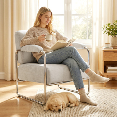 Сучасне крісло, акцентне крісло з широким сидінням та товстим м'яким наповнювачем, крісло з велюровою оббивкою для вітальні, бежеве