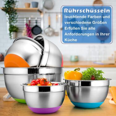 Набір мисок Herogo (6 шт.) з нержавіючої сталі з кришками, 6,7л/3,3л/2,5л/1,5л/1,2л/0,7л. Складаються, для приготування, випічки та зберігання. Можна мити в посудомийній машині (кольорові)