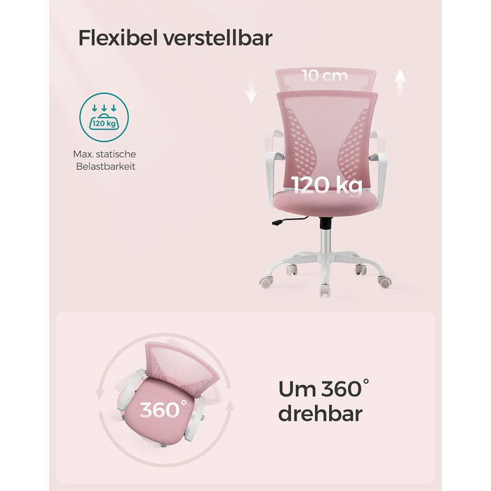 Ергономічне офісне крісло SONGMICS для комп'ютера, сітчасте стілець для робочого столу з функцією гойдання, регулюванням висоти, пастельно-рожеве, до 120 кг, OBN022GD01