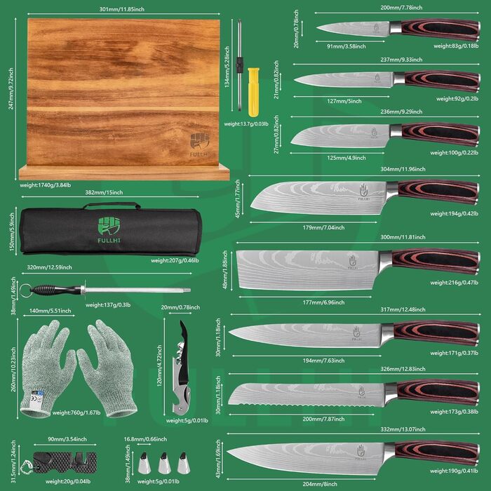 Японський набір ножів Fullhi 15 предметів з магнітним підставкою, з високоякісної сталі, ергономічні ручки, для професійної та домашньої кухні