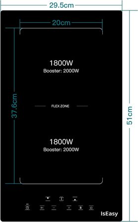 Індукційна конфорка, індукційна варильна поверхня IsEasy 1 пластина 2100 Вт, 28 см конфорка, портативна, з вилкою, 9 режимів нагріву, 8-годинний таймер, сенсорне керування, функція підсилення, чорний. (2 зони)