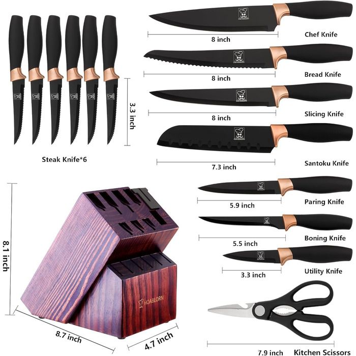 Набір кухонних ножів Chefhoablorn 15 предметів з нержавіючої сталі. Професійний набір ножів для кухні, подарунок на новосілля/весілля. Чорний блок ножів.