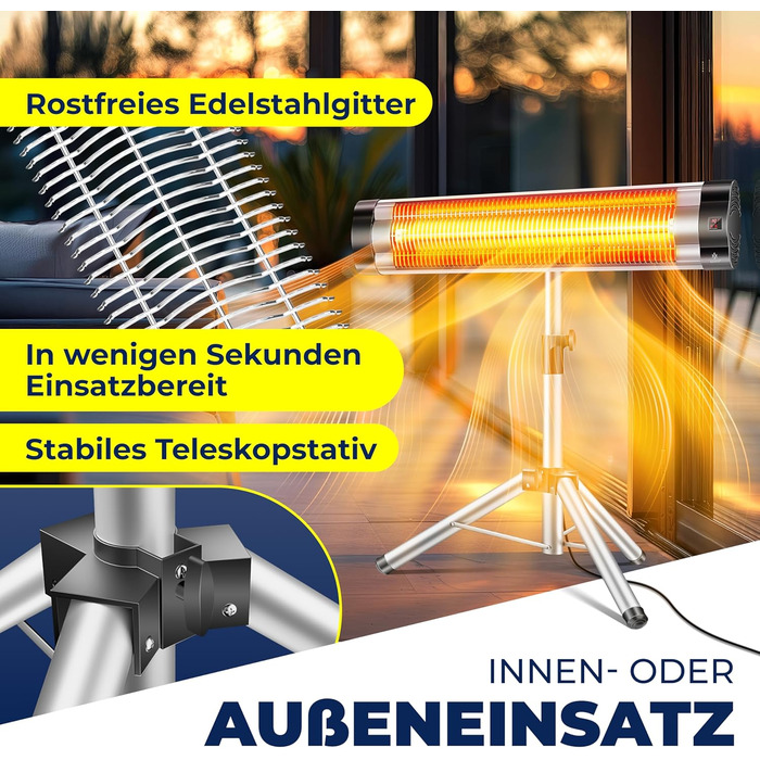 Інфрачервовий обігрівач KESSER® 2500W з пультом дистанційного керування та захисним чохлом, телескопічна стійка, для тераси, кварцовий нагрівач, срібний