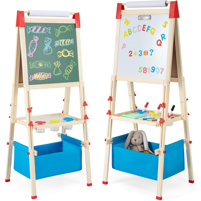 Дитяча мольберт COSTWAY 3 в 1: регульована висота, двостороння дошка для малювання, біла та крейдяна дошка, папір для малювання з літерами та цифрами, коробка для зберігання