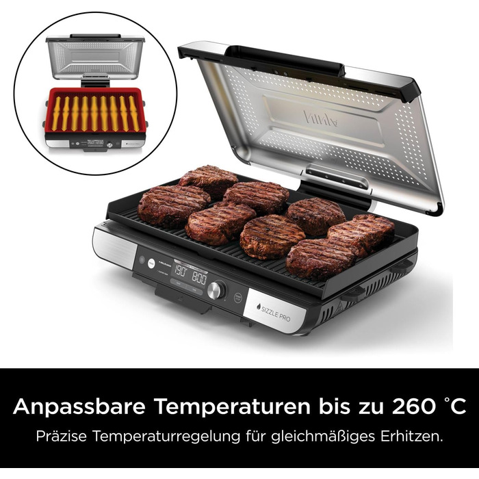 Ninja Sizzle Pro XL: гриль та плоча для дому з антипригарним покриттям, збірний, з піддоном для жиру та рецептами, срібно-чорний, GX101EU XL