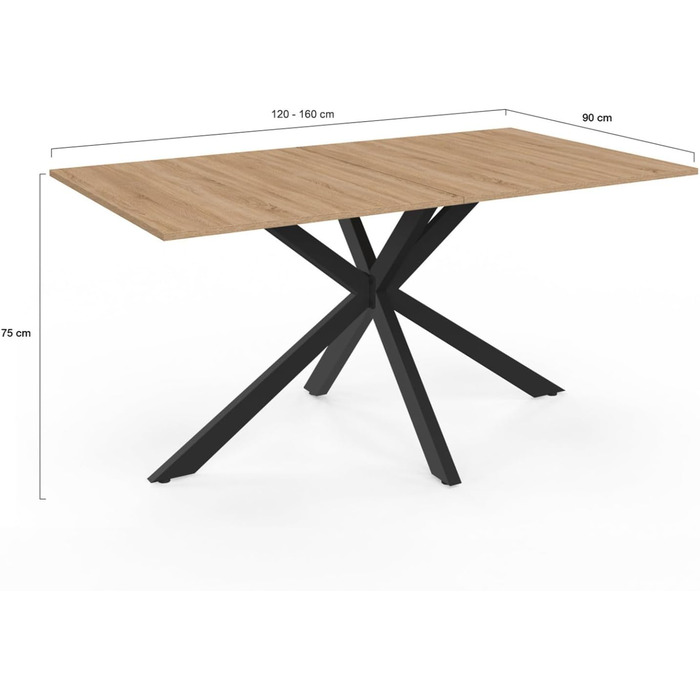 Розсувний обідній стіл Alix, прямокутний, для 4-8 осіб, з металевим каркасом, дерево та чорний колір, 120-160 см