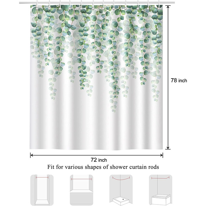 Завіса для душу Bonhaus, завіси для душу з зеленими листям і рослинами, водонепроникна поліефірна тканина, що миється фіранка для ванної кімнати з 12 гачками (180 х 200 см, евкаліпт)