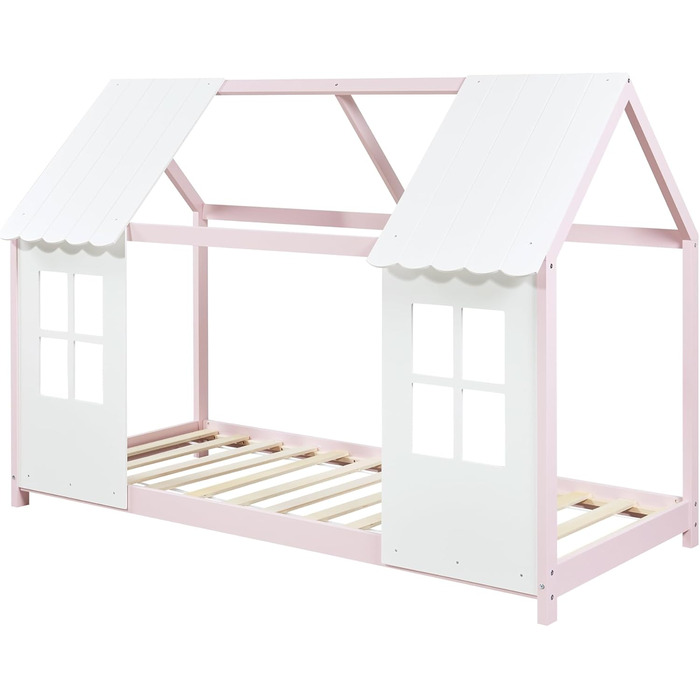 Дитяче ліжко Tostedt: хатинка, ліжко-ігровий будиночок, ліжко для підлітків, модель Bettenhaus, напіввідкрите дизайну, ліжко Монтессорі з масиву сосни, 120x200 см, рожево-біле
