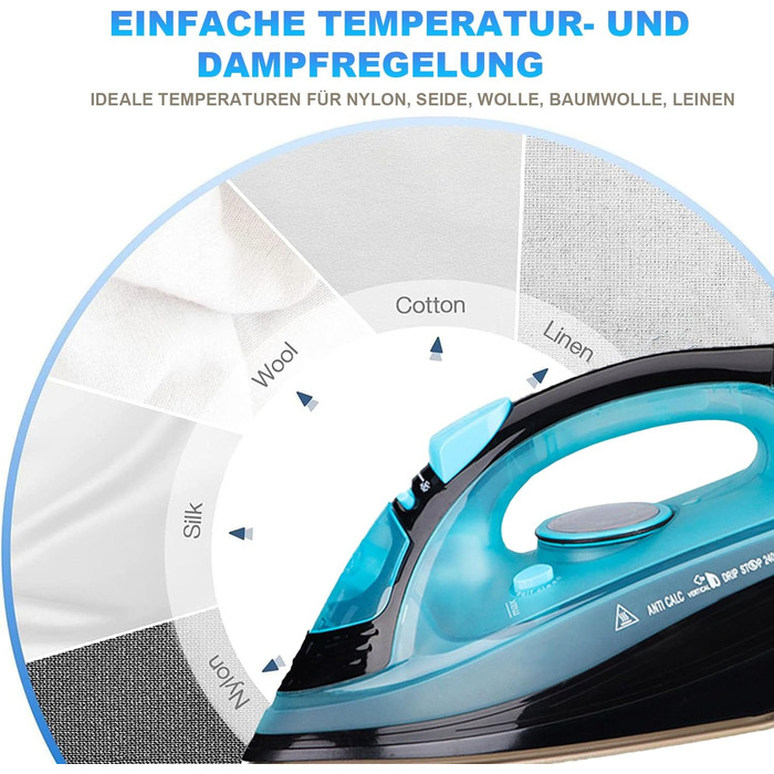 Парове прасування без дротів 2400 Вт: бездрове прасування з керамічною підошвою, вертикальне прасування, захист від накипу, самоочищення та резервуаром для води. Колір: блакитний