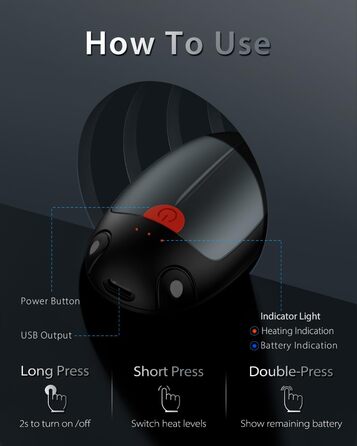 Електричні грілки для рук VTHW 2 шт. - перезаряджувані, USB, 20 годин тепла, 3 рівні температури, для спорту та артриту (Сірий)