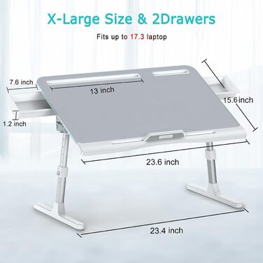 Регульований столик-підставка для ноутбука KLEAR - XL, сірий. Зручний для ліжка, дивану, підлоги. Подвійні висувні ящики.