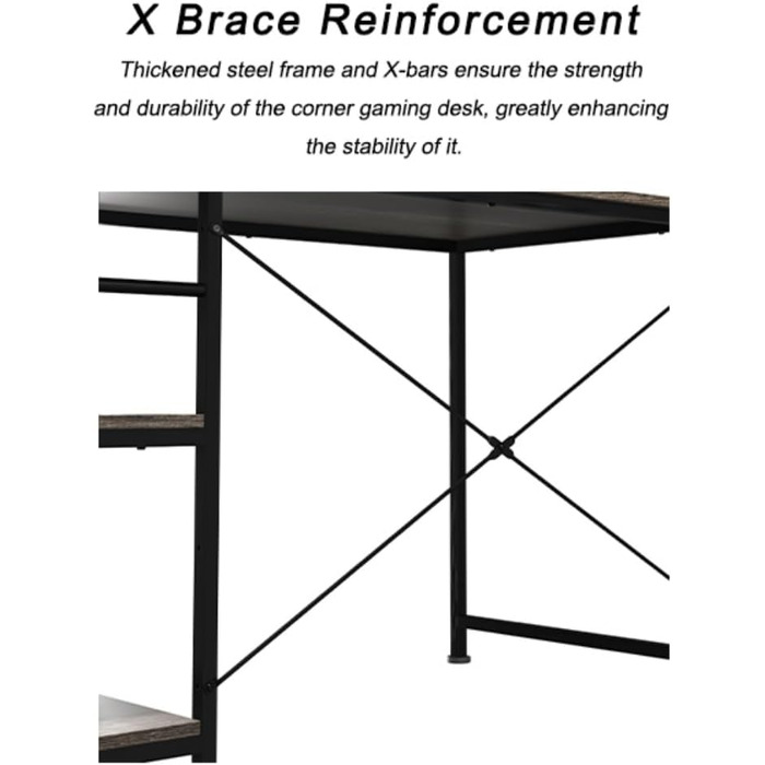 Ігровий кутовий стіл L-подібної форми з LED-підсвічуванням та розетками, 140x140 см, реверсивний комп'ютерний стіл з підставкою для монітора, 4 полиці та бічні кишені для дому та офісу (Чорний, 140x140x74 см)
