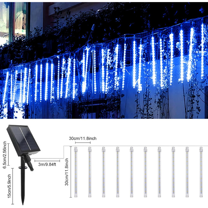 Світильники для душу Acxilexy Solar Meteor, 30 см 10 трубок 240 світлодіодів, пульт дистанційного керування, водонепроникний (синій)