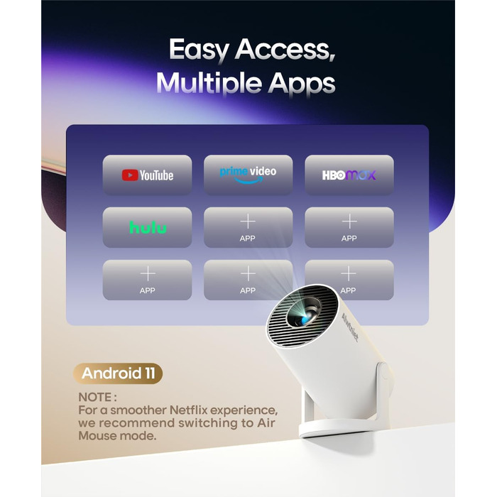 Міні-проектор Alwtniet 4K з Wi-Fi 6, Bluetooth 5.4, 5W динаміком, автоматичною корекцією трапецеїдальних спотворень, поворотним на 180°, портативний для дому та вулиці, Android 11 (ручний фокус)