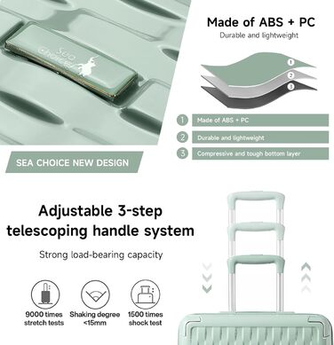 Набір валіз Sea Choice Matcha Grün: M-L-XL (55/65/75 см) з косметичкою, TSA-замок, жорсткий корпус