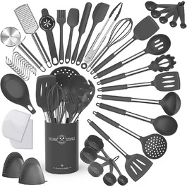 Набір кухонних помічників, 34 шт. Силіконове кухонне приладдя з нержавіючою сталею, стійке до нагріву, з тримачем для посуду, антипригарне, сірий колір
