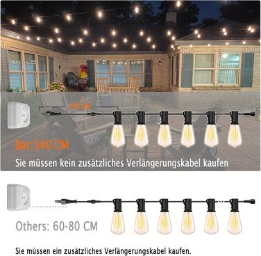 LED гірлянда для зовнішнього використання, вологостійка IP65 з 15+1 лампочками E27 2700K тепле біле світло для саду, тераси, вечірок. Довжина 30 метрів. [Енергоклас G]