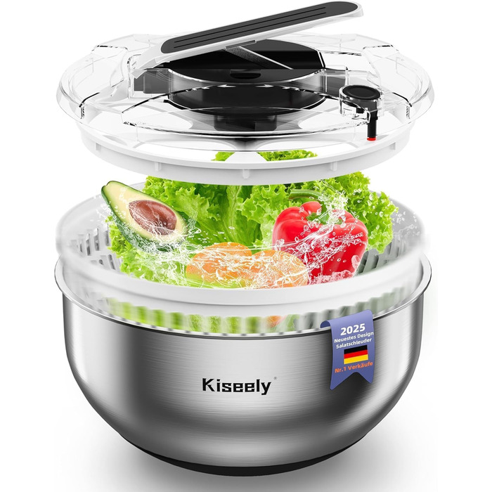Салатниця-швидкосушарка з нержавіючої сталі 4.2L з мискою та кришкою, для салатів, овочів, ягід
