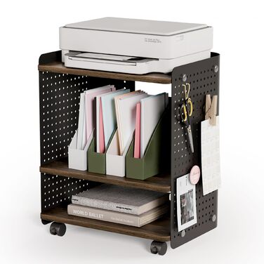 Робочий стіл для принтера Fenge з колесами, мобільний тримач для принтера з перфорованою панеллю, 3 рівні, стійка для принтера/рол-контейнер з органайзером, полиця, шафа для офісу та дому, 45,3x33,5x53,5 см (Коричневий+Чорний)