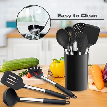 Набір кухонного приладдя Herogo, 12 шт. Силіконові кухонні інструменти з нержавіючою сталею, стійкі до високих температур, лопатки, ложки, шпателі з підставкою, легко миються - Чорний