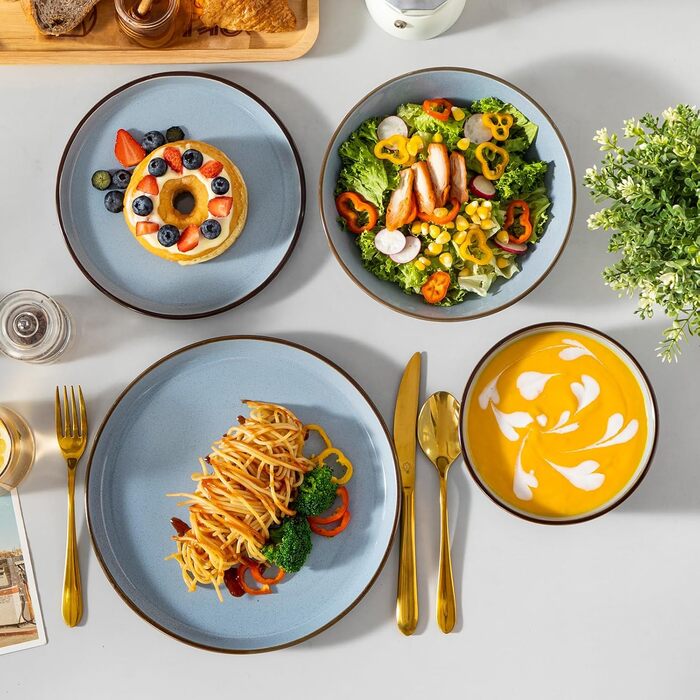 Набір посуду Steingut vancasso LOIRE 24тг. для 6 осіб: тарілки, супові тарілки, десертні тарілки, миски. Сучасний блакитний дизайн, безпечний для мікрохвильовки та посудомийної машини.