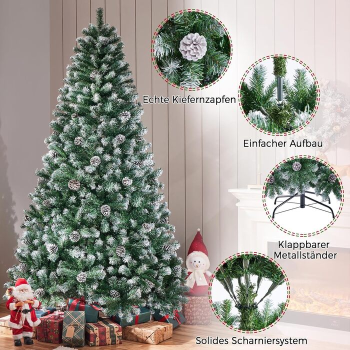 Штучна ялинка Yaheetech зі снігом та 64 шишками, 228 см, 920 гілок, вогнестійка, з металевим підставкою та системою швидкого складання