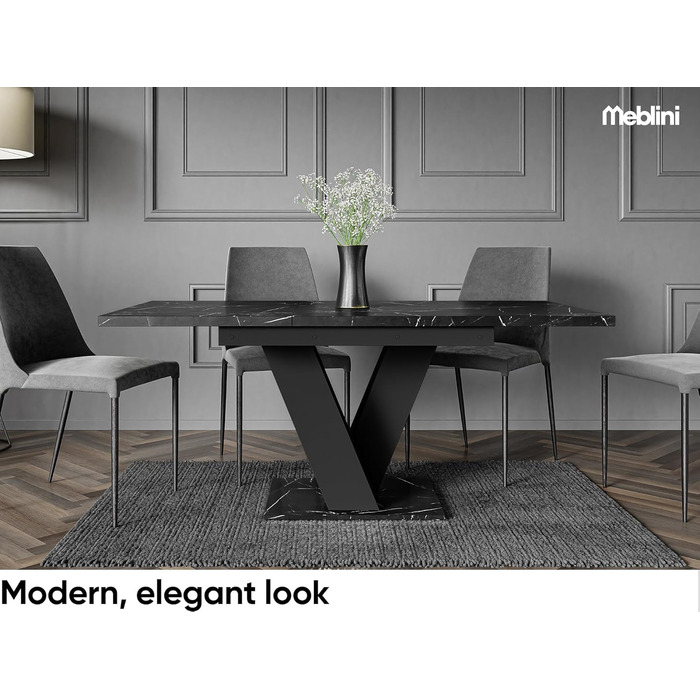 Обідній стіл Mebleini розсувний, сучасний, чорний глянцевий/білий глянцевий (120-160x80x75см, чорний мармур/чорний матовий)