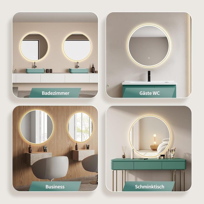 Дзеркало для ванної кімнати HOKO Design Riga, кругле, 60 см, з металевим каркасом Gold. LED-підсвічування, сенсорне керування, зміна кольору світла (тепле, холодне, нейтральне). 60 x 60 см