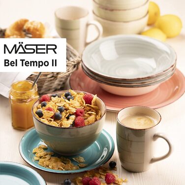 Набір тарілок MSER Bel Tempo II на 6 персон в сучасному Вінтажному стилі, сервіровка столу з 12 предметів, ручний розпис, фаянс (рожевий)