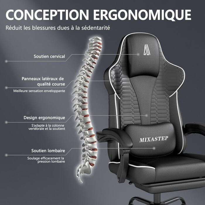 Ергономічне геймерське крісло з підніжкою, підголівником та підтримкою попереку. Регульоване геймерське крісло для дому та офісу. Біле.