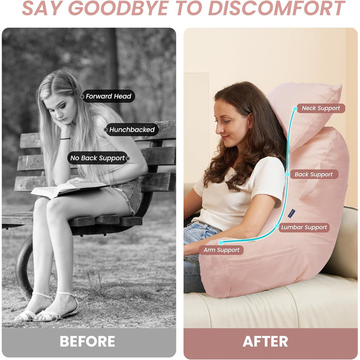 Портативне подушкове крісло для читання з підголовником (Oeko-Tex), м'яке крісло з підлокітниками та кишенями для дорослих, зручне ліжко-подушка з memory foam для гуртожитку (Рожевий, Преміум Великий)