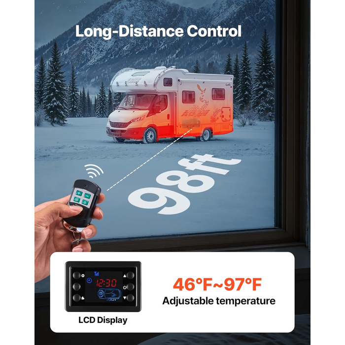 Дизельний опалювач повітря VEVOR 12/24V 2kW з LCD-дисплеєм та пультом керування для авто, фургонів, автобусів