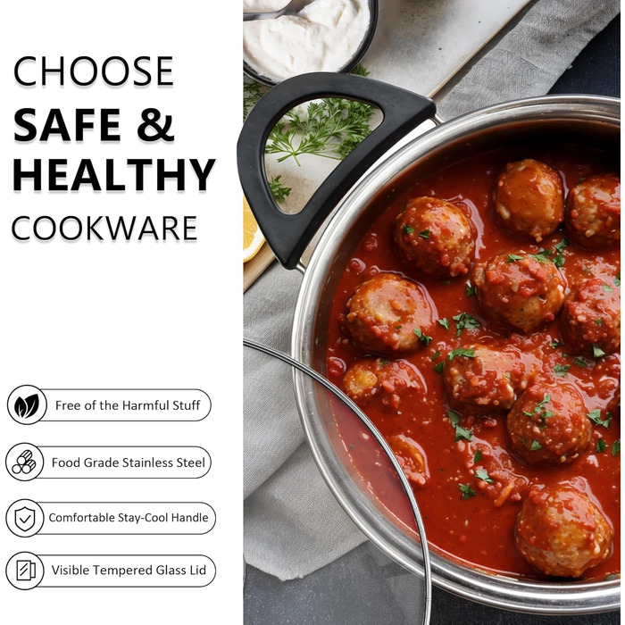 Набір каструль 6 шт. з нержавіючої сталі для індукційних плит, Cookware Set, з кришкою та захистом від опіків, сумісний з усіма типами плит, не має покриття, придатний для миття в посудомийній машині