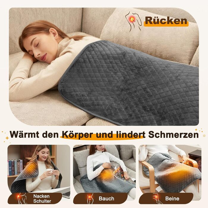 Електричний гріючий килимок XXXL (80 x 60 см) з автовимкненням, 6 температурних режимів, 4 налаштування часу для спини, плечей, живота, ніг, швидкий нагрів, можна прати в машині