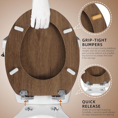 Сидіння для унітазу Angel Shield дерев'яне, з механізмом плавного закриття, з швидкознімним кріпленням, регульовані петлі, 45 x 37 x 5,2 см (натуральний дуб) Soft Close натуральний дуб