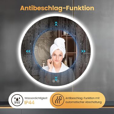 Дзеркало для ванної кімнати YOLEO з підсвічуванням, 70 см, LED, Bluetooth, сенсорне управління, захист від вибухів, 3 кольори світла, регулювання яскравості, антизапарник