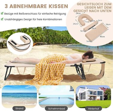 Лежак для відпочинку COSTWAY з отвором для обличчя, розкладний садовий лежак з 3 знімними подушками та 5-рівневим регулюванням спинки, лежак для пляжу, саду та басейну (Бежевий, Одиночний)