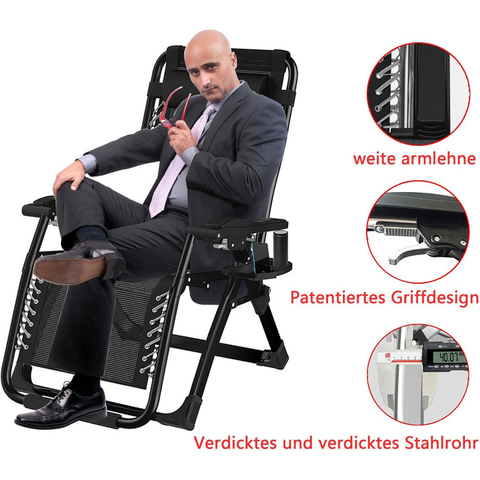 Розкладний шезлонг для саду та відпочинку на природі – ідеальний вибір для кемпінгу та відпочинку. Максимальне навантаження: 200 кг, колір: чорний, висота спинки: 72 см.