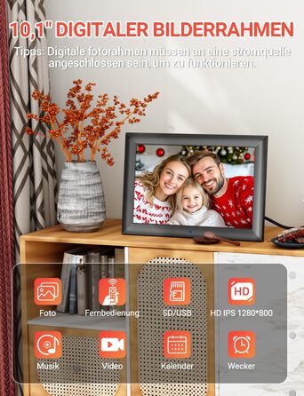 Цифровий фоторамка OBVHNUA 10.1 дюйма з IPS екраном (1280x800) та пультом, USB/SD (128GB), автоповорот, відтворення фото/музики/відео